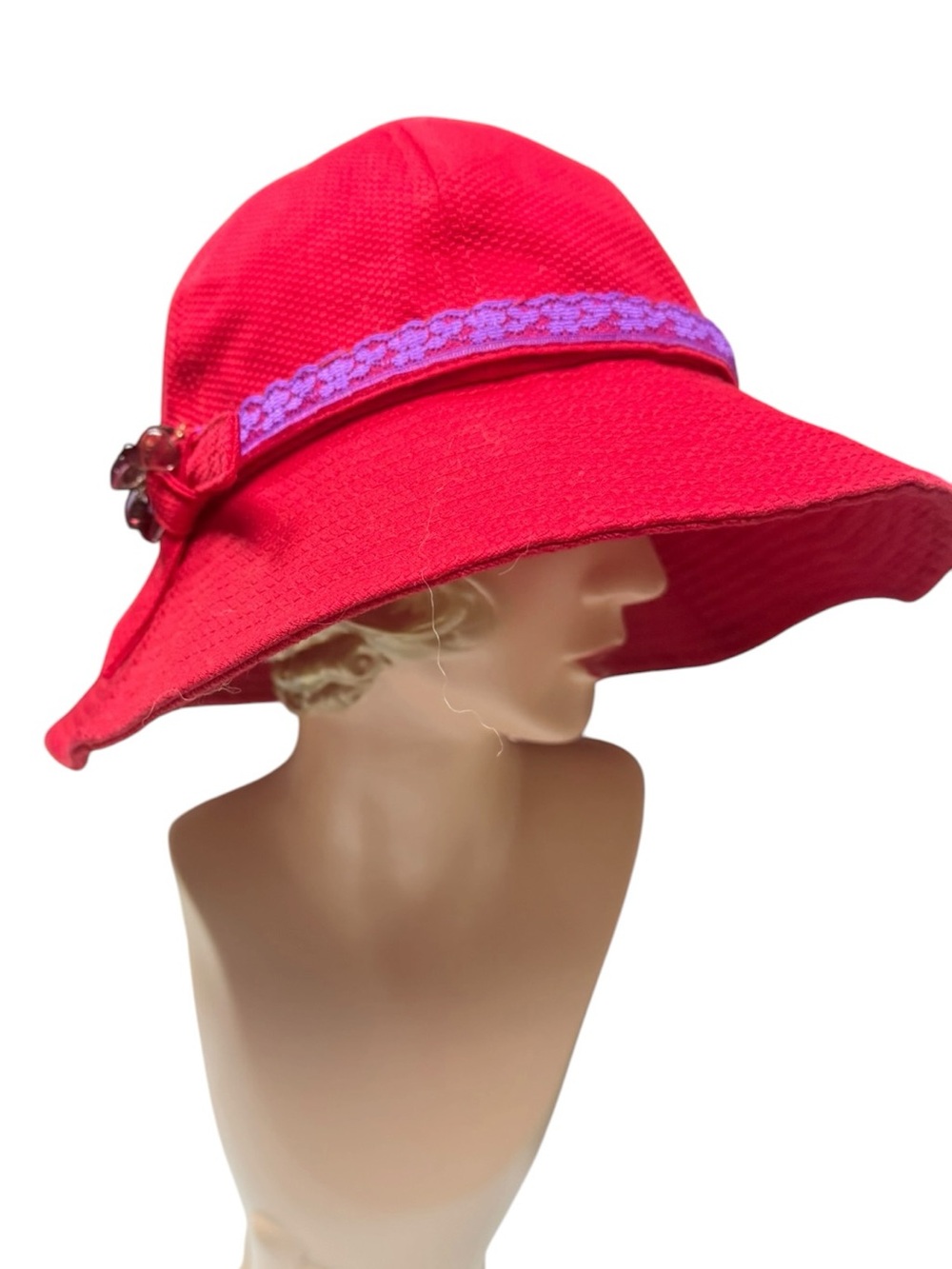 Vintage Red Cotton Wide-Brim Sun Hat Purple Trim red heart accents